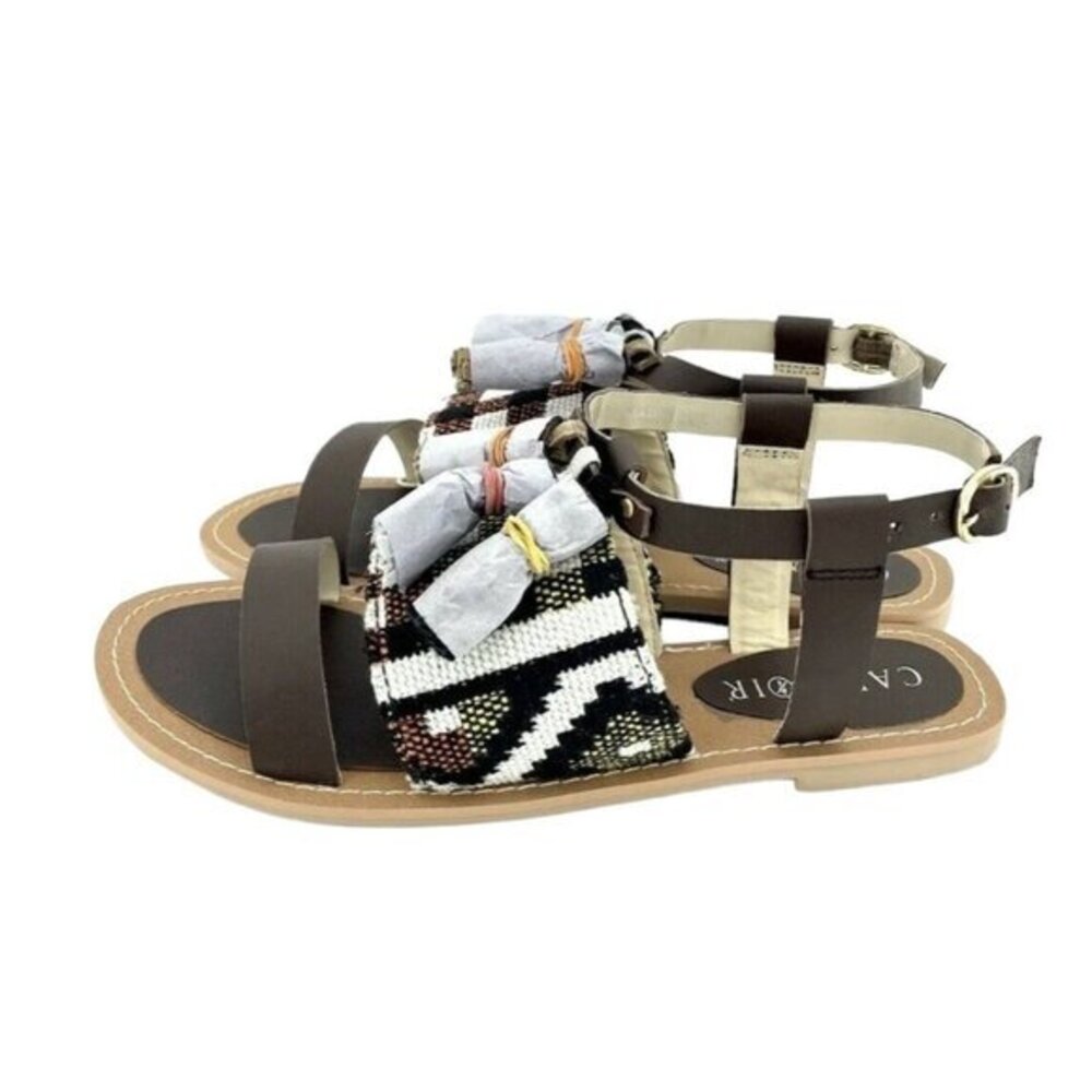 Cafe Noir Brown Leather Tassels Strappy Flat Sandals Shoes SZ 37 EU 6.5  US NIB